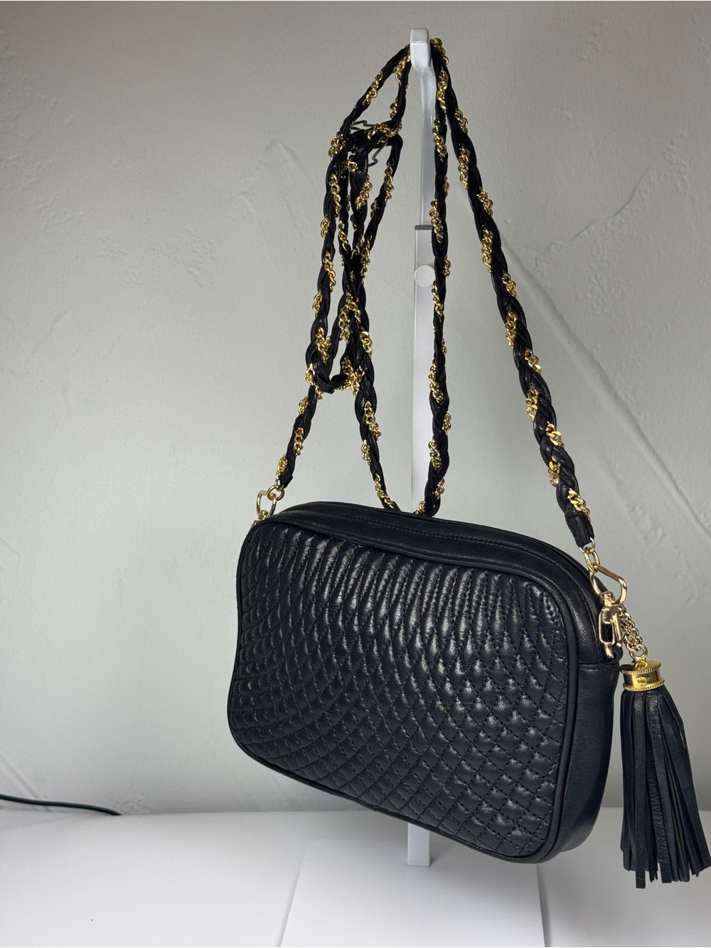 Bally Black Lambskin Quilted Crossbody with Gold Chain Tassel zipper pull - Picture 2 of 11